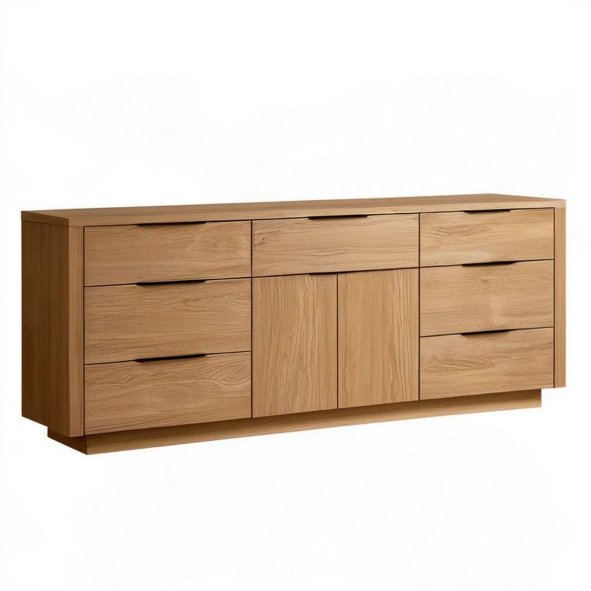 Komoda dębowa z 7 szufladami i 2 drzwiami, 180 × 45 × 85 cm, dąb naturalny