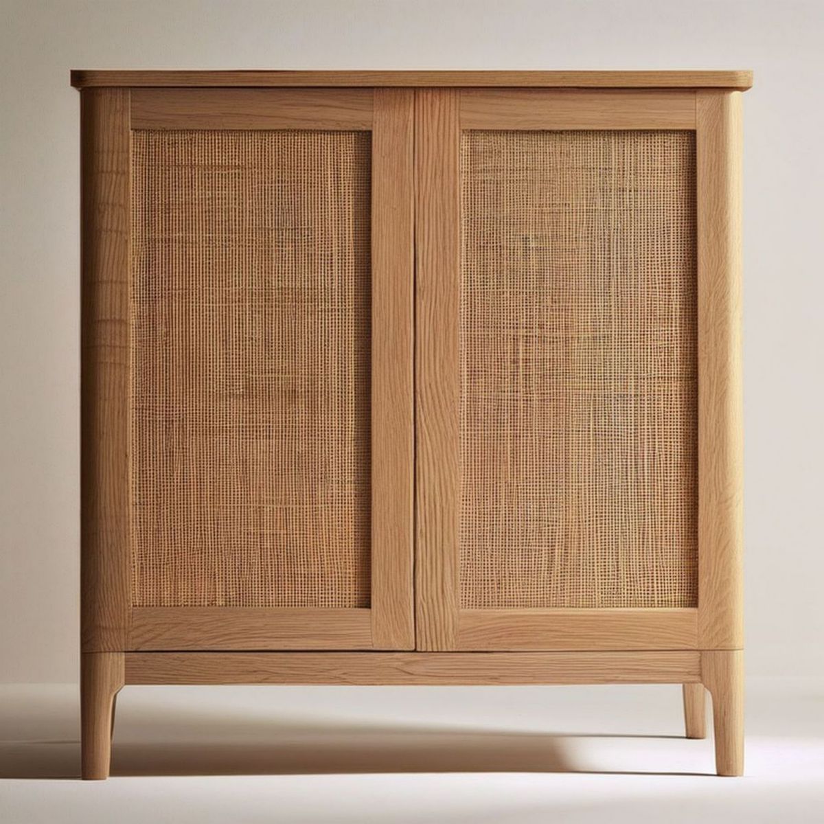 Dwudrzwiowa szafka z litego dębu i naturalnego rattanu, 100 x 45 x 140 cm, naturalny dąb/beż