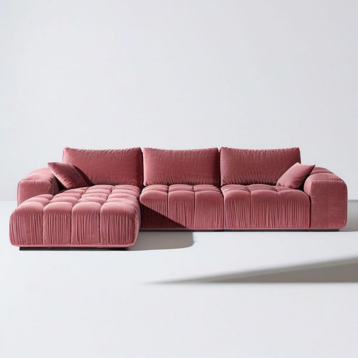 Różowa 4-osobowa sofa narożna z szezlongiem, aksamit poliestrowy, 300 x 170 x 85 cm, kształt L