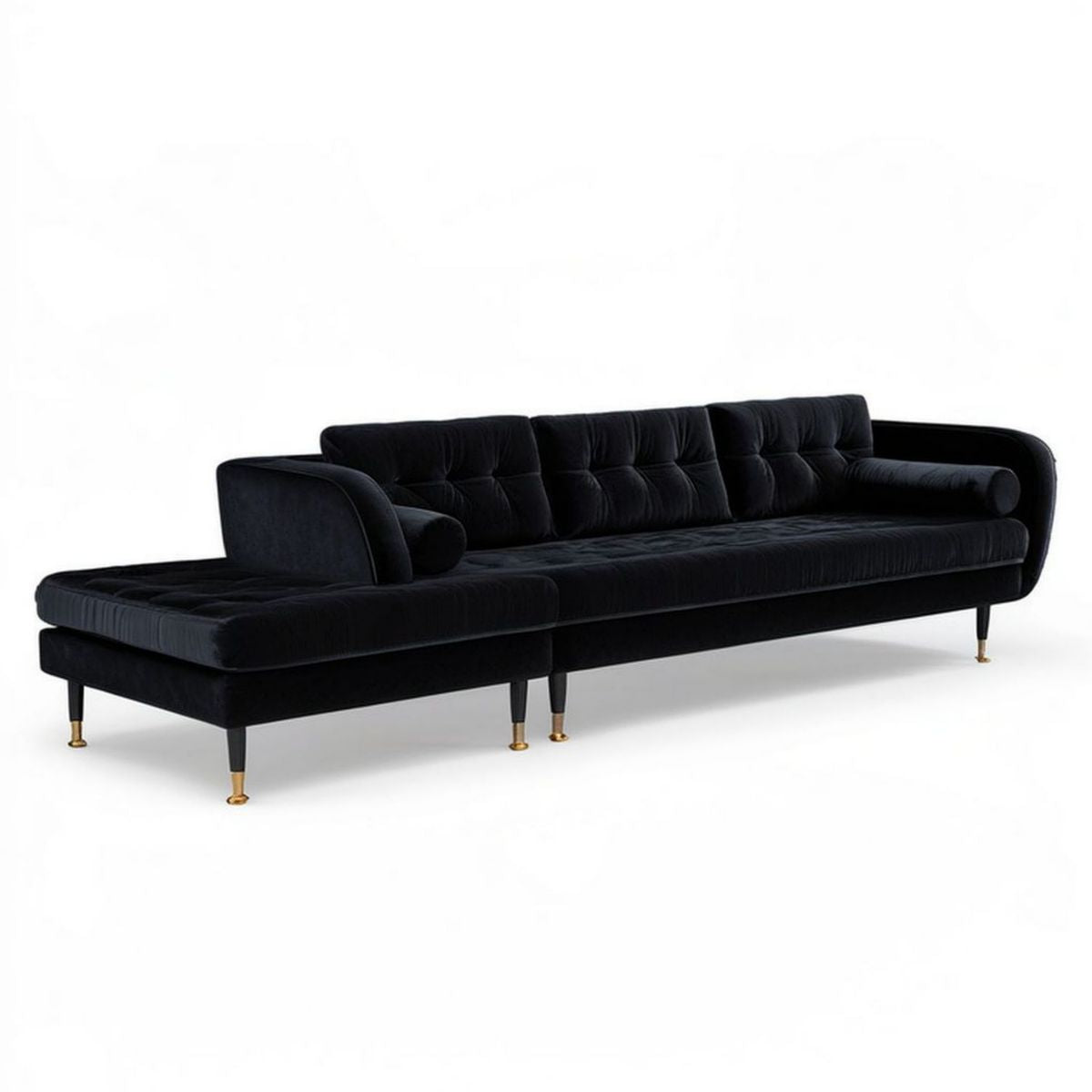 Czarna aksamitna sofa z lewostronnym szezlongiem 300 × 165 × 82 cm