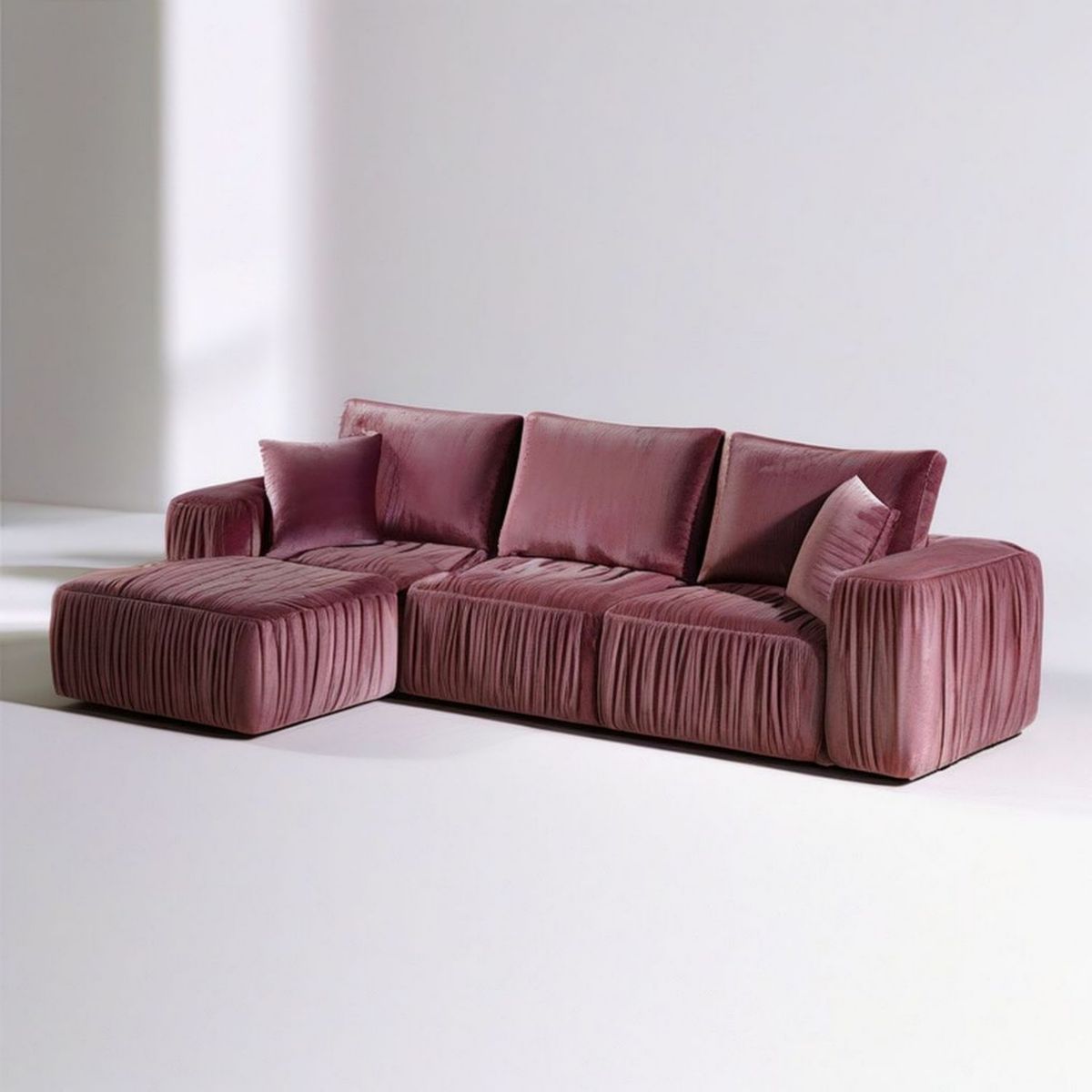 Bordowa sofa narożna z lewym szezlongiem, welurowa, 280 × 165 × 75 cm